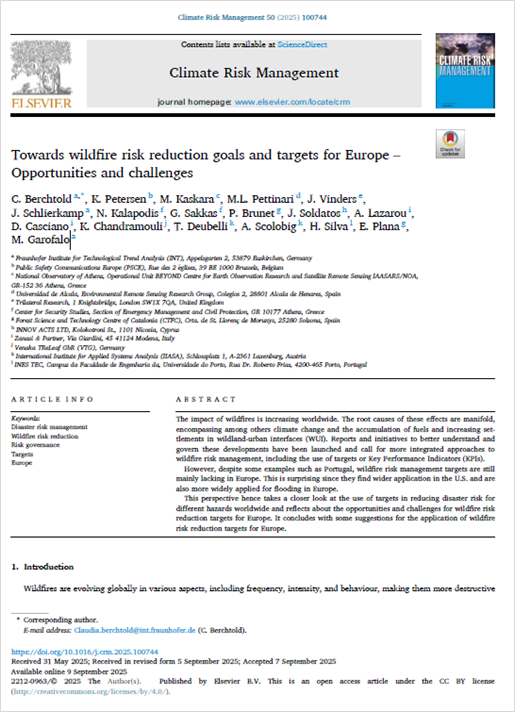 Lazarou, A., Casciano, D., Berchtold, C., Petersen, K., Kaskara, M., Pettinari, M. L., Vinders, J., Schlierkamp, J., Kalapodis, N., Sakkas, G., Brunet, P., Soldatos, J., Chandramouli, K., Deubelli, T., Scolobig, A., Silva, H., Plana, E., Garofalo, M. (2025). Towards wildfire risk reduction goals and targets for Europe – Opportunities and challenges