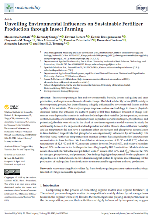 Casciano, D., Lazarou, A., Katchali, M., Senagi, K., Richard, E., Beesigamukama, D., Tanga, C. M., Athanasiou, G., Zahariadis, T., Tonnang, H. E. Z. (2024). Unveiling Environmental Influences on Sustainable Fertilizer Production through Insect Farming