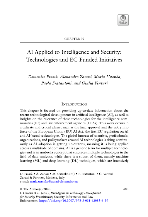 Frascà, D., Zanasi, A., Ustenko, M., Fratantoni, P., Venturi, G. (2025). AI Applied to Intelligence and Security: Technologies and EC-funded Initiatives