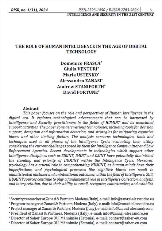 Frascà, D., Venturi, G., Ustenko, M., Zanasi, A., Staniforth, A., Fortune, D. (2024). The role of Human Intelligence in the age of digital technology